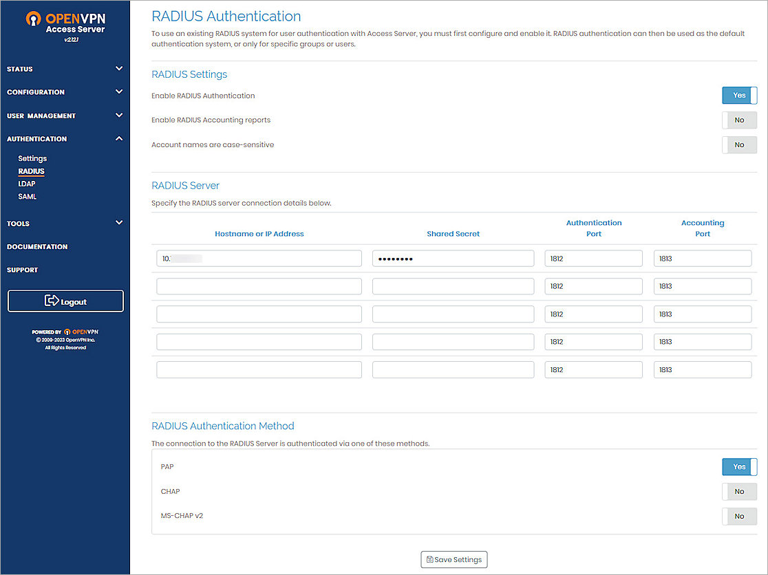 Screenshot of the OpenVPN Access Server, RADIUS 1